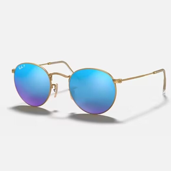 Ray-Ban Round Flash lenses Metal Sunglasses blue gold frames - Picture 1 of 16